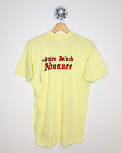 Vintage 70s “I Solved The Puzzle In The Staten Island Advance” Paper Thin Pale Yellow Tee Shirt