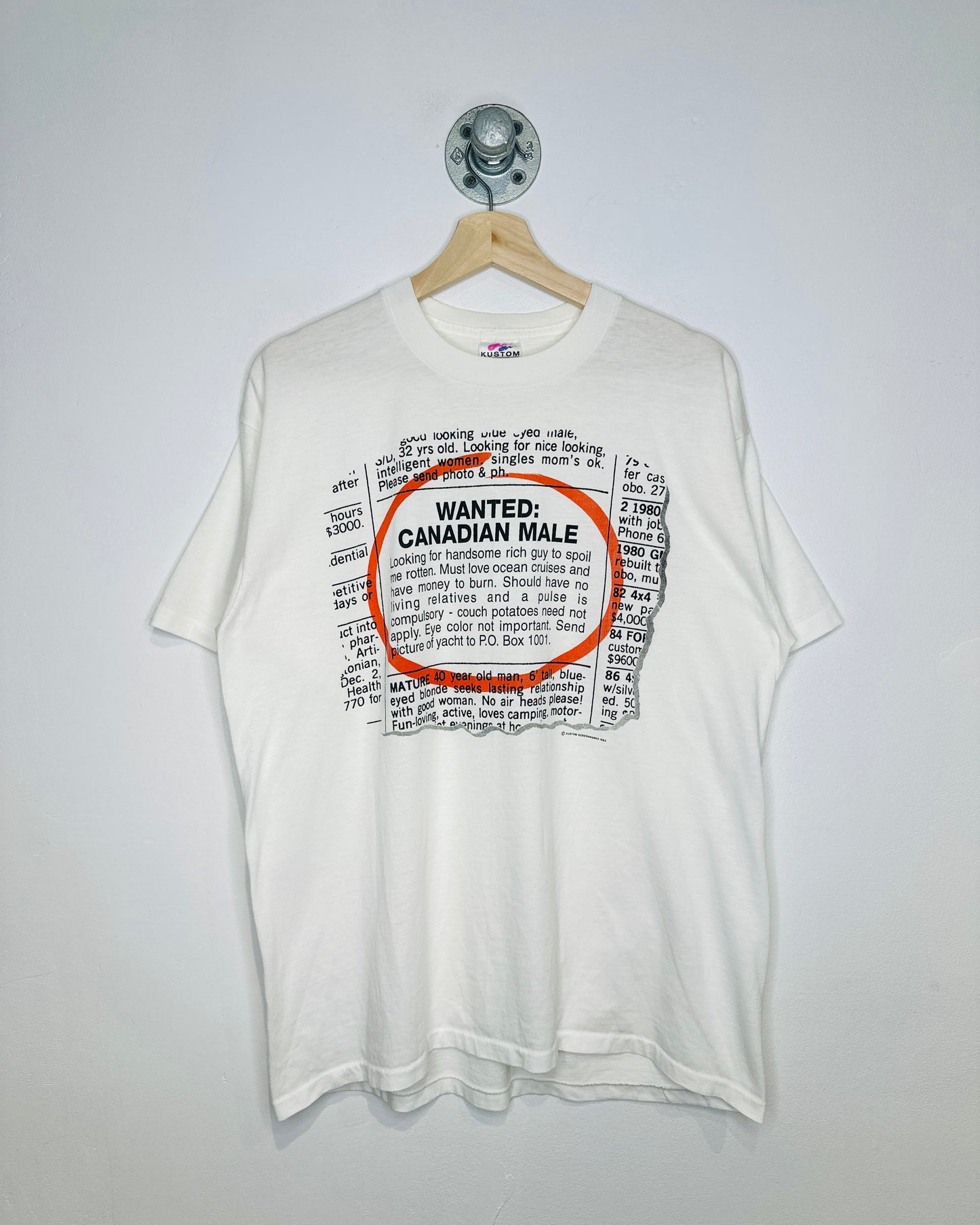Vintage 1993 “Wanted: Canadian Male” Paper Thin White Tee Shirt