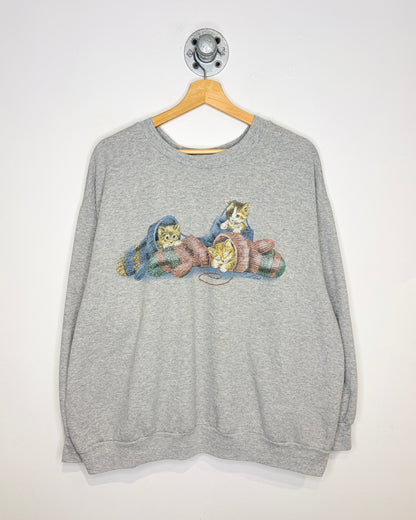 Vintage 90s Mitten Kittens Grey Crewneck Sweatshirt