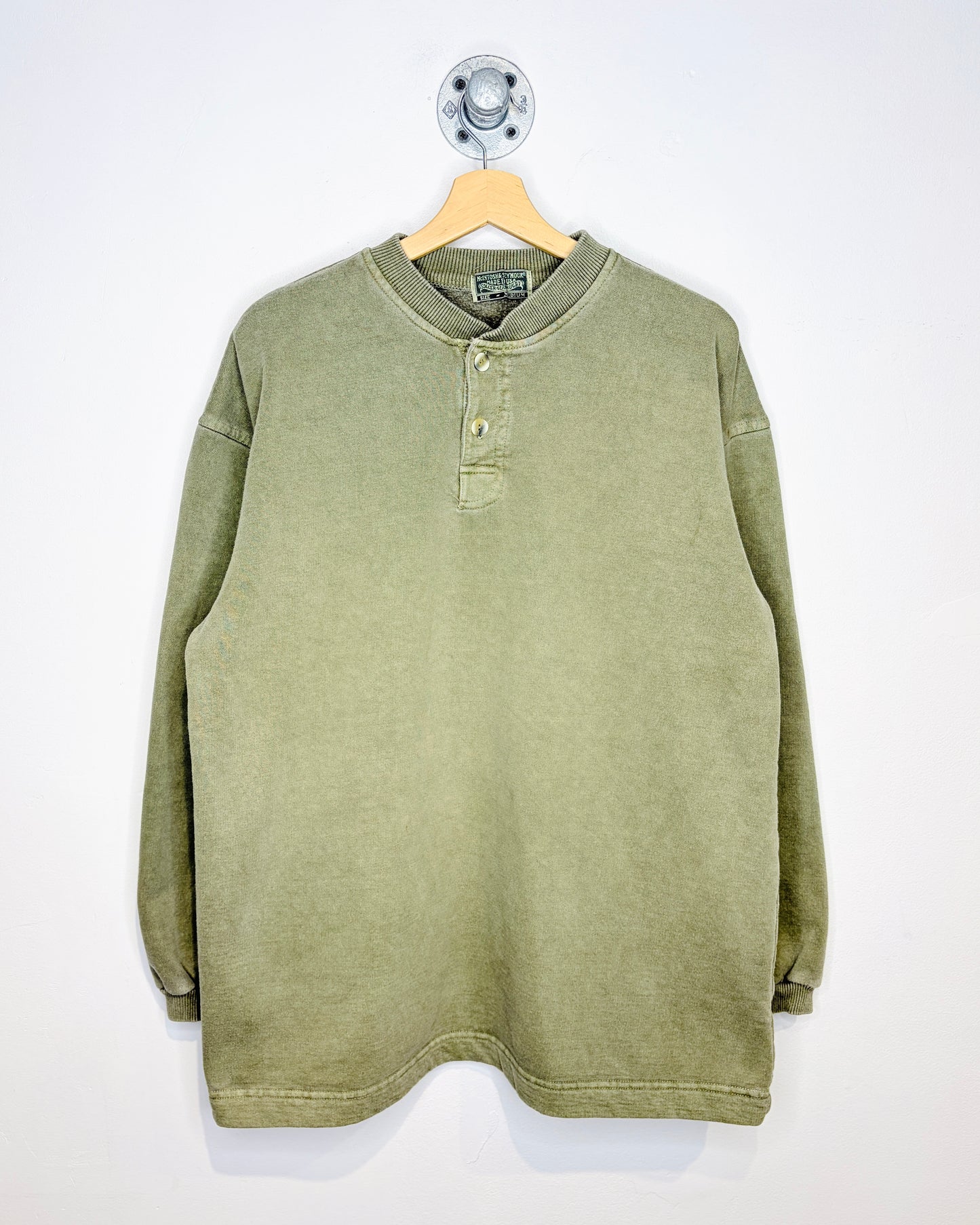 Vintage 1990s Faded Olive Green Henley Crewneck Sweatshirt