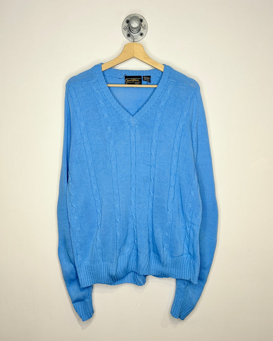 Vintage 70s Sears Light Blue Cable Knit V-Neck Sweater