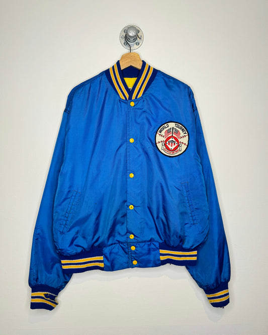 Vintage 90s Slo-Pitch Softball Blue Nylon Varsity Jacket