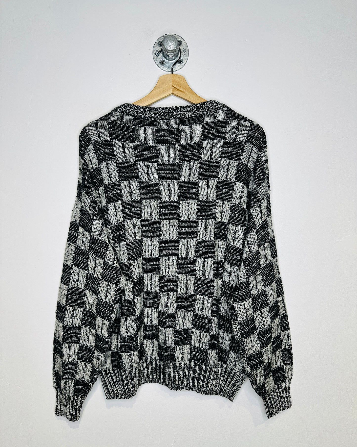 Vintage 1980s Expressions Square Patterned Grey And Black Acrylic Sweater