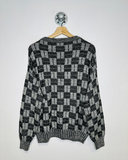 Vintage 1980s Expressions Square Patterned Grey And Black Acrylic Sweater