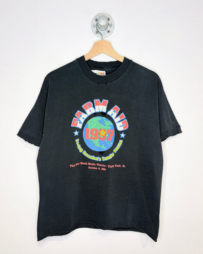 Vintage 1997 Distressed Farm Aid Music Faded Black Tee Shirt