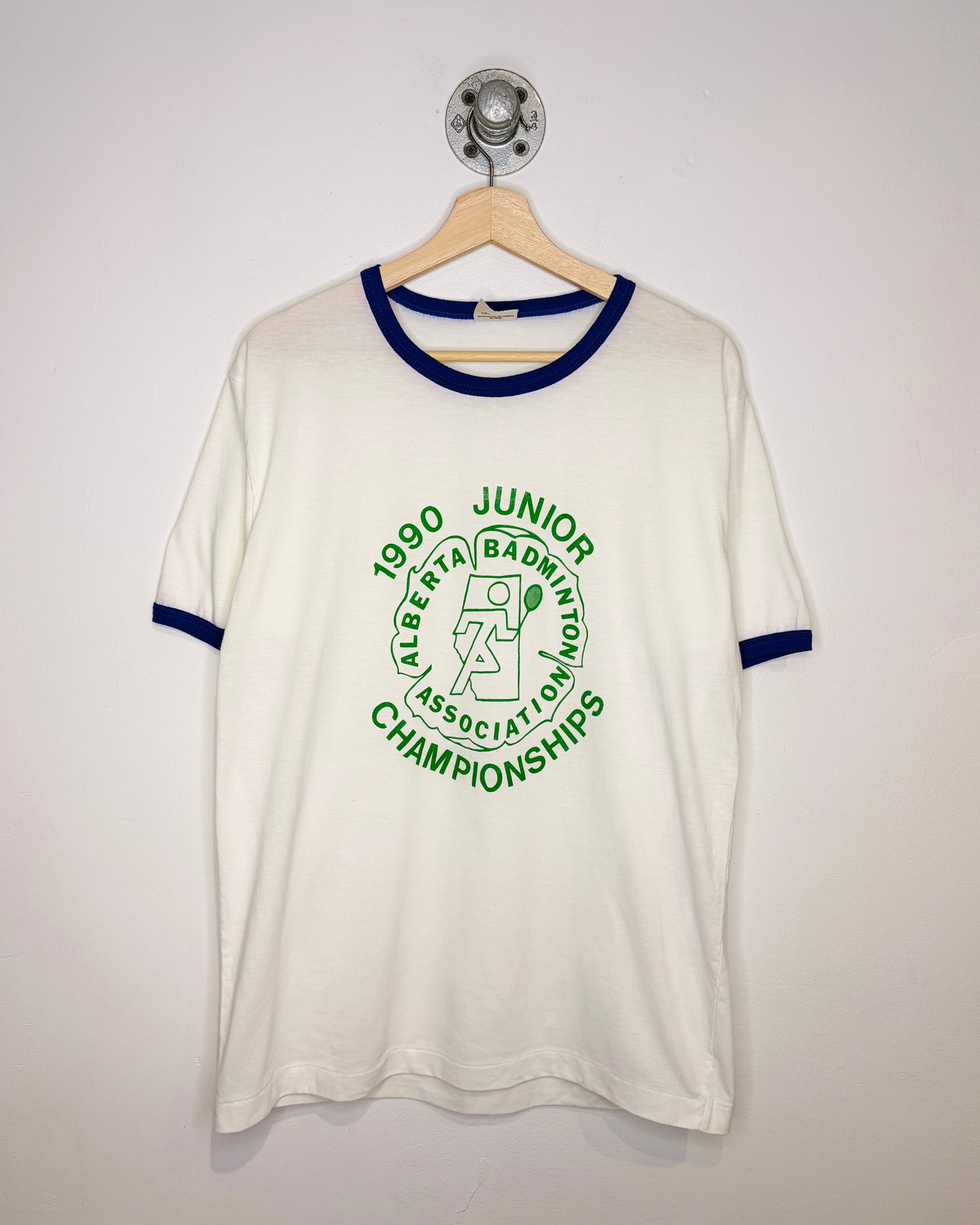 Vintage 1990 Alberta Badminton White & Blue Ringer Tee Shirt