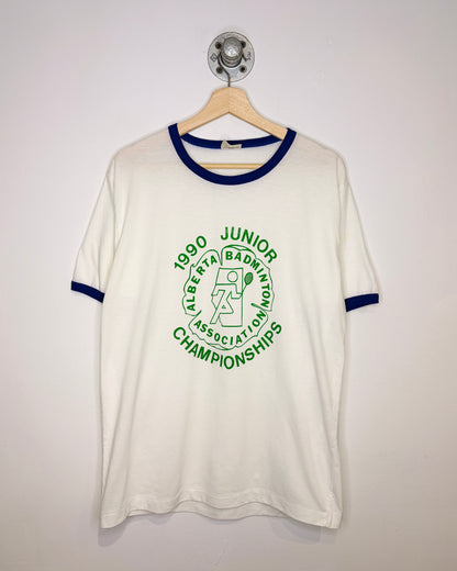 Vintage 1990 Alberta Badminton White & Blue Ringer Tee Shirt