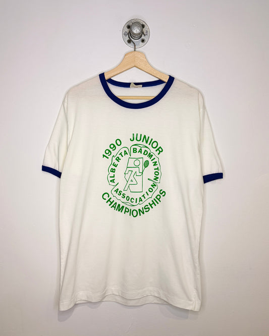 Vintage 1990 Alberta Badminton White & Blue Ringer Tee Shirt