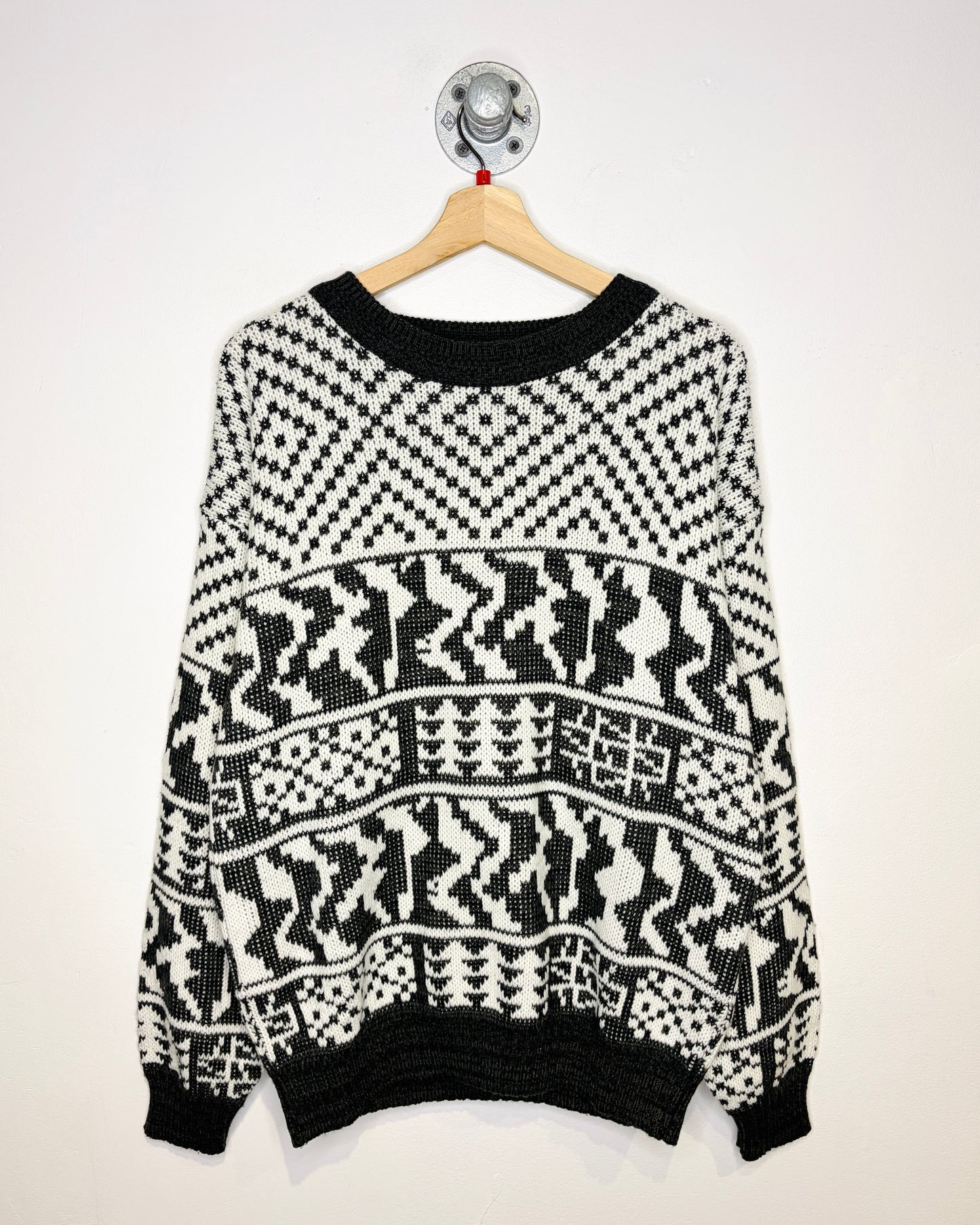 Vintage Late 1980s Abstract Printed Acrylic Black And White Sweater