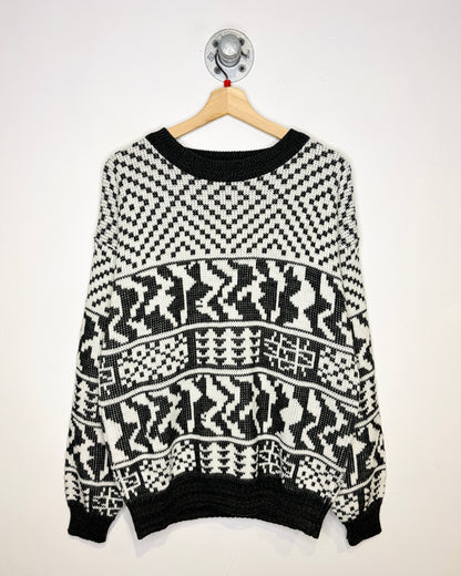 Vintage Late 1980s Abstract Printed Acrylic Black And White Sweater