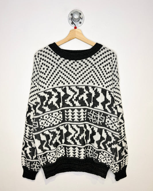 Vintage Late 1980s Abstract Printed Acrylic Black And White Sweater