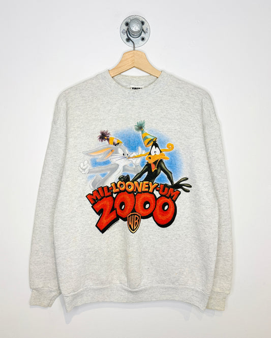 Vintage 1999 Looney Tunes “Mil-Looney-um” Graphic Print Grey Crewneck Sweatshirt