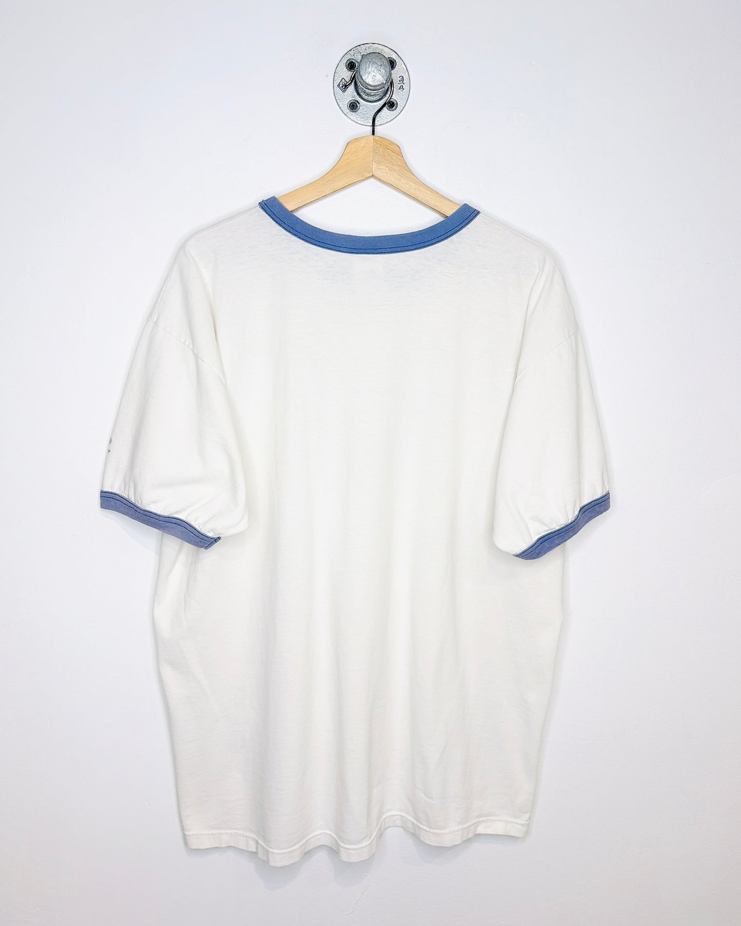Vintage 90s Bulletin Edmonton Oilers White & Faded Blue Ringer Tee Shirt