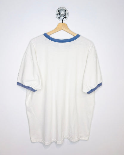 Vintage 90s Bulletin Edmonton Oilers White & Faded Blue Ringer Tee Shirt