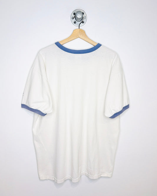 Vintage 90s Bulletin Edmonton Oilers White & Faded Blue Ringer Tee Shirt