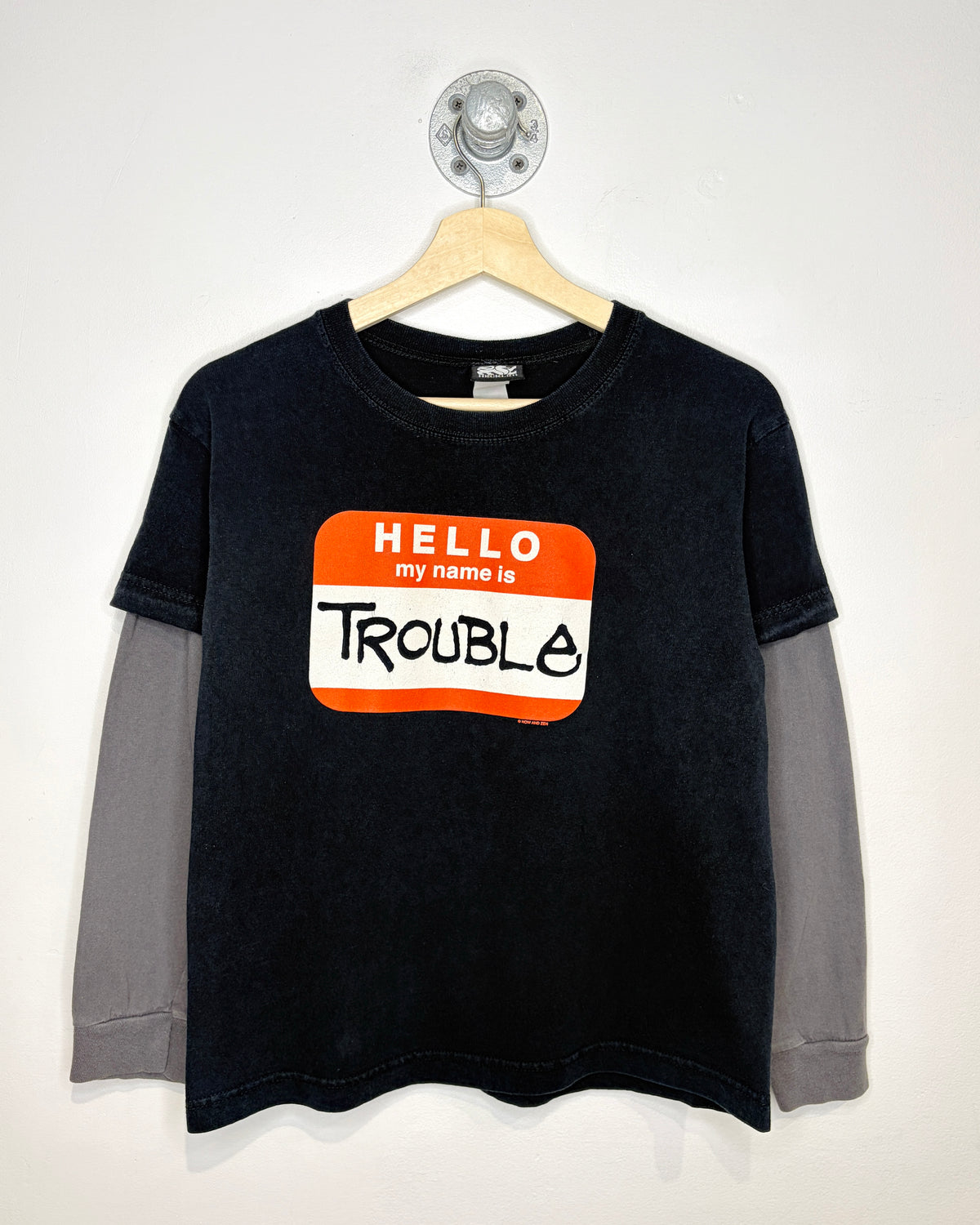 Vintage Early 2000s Hello My Name Is Trouble Grey Layered Black Tee Shirt