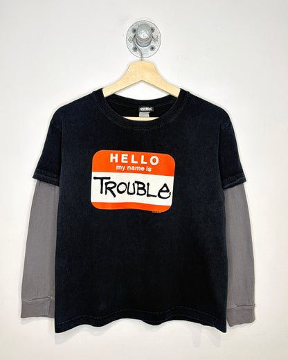 Vintage Early 2000s Hello My Name Is Trouble Grey Layered Black Tee Shirt