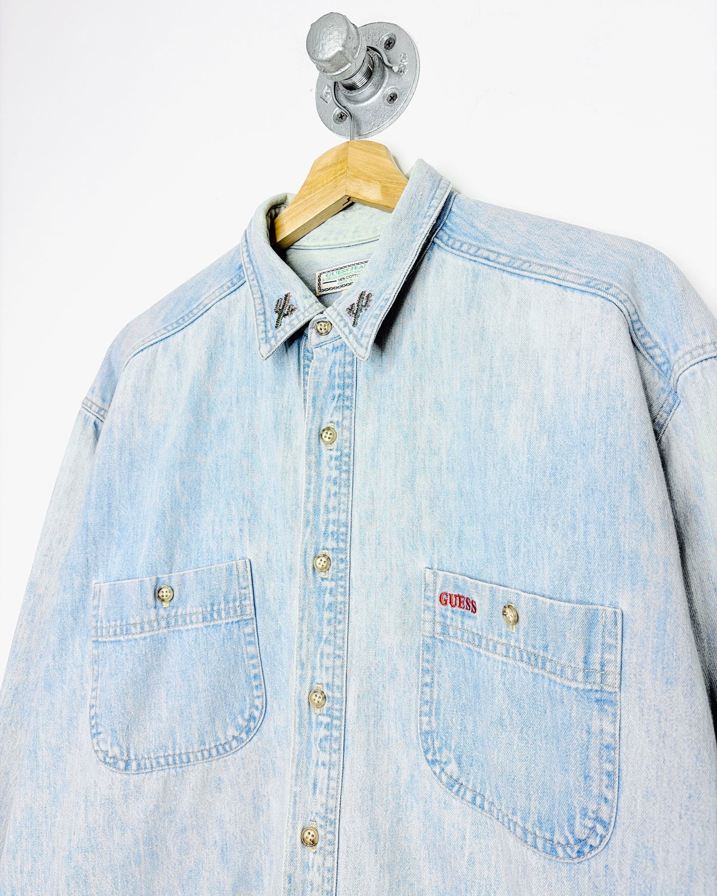 Vintage 90s Guess Cactus Collar Light Wash Denim Button Up Shirt