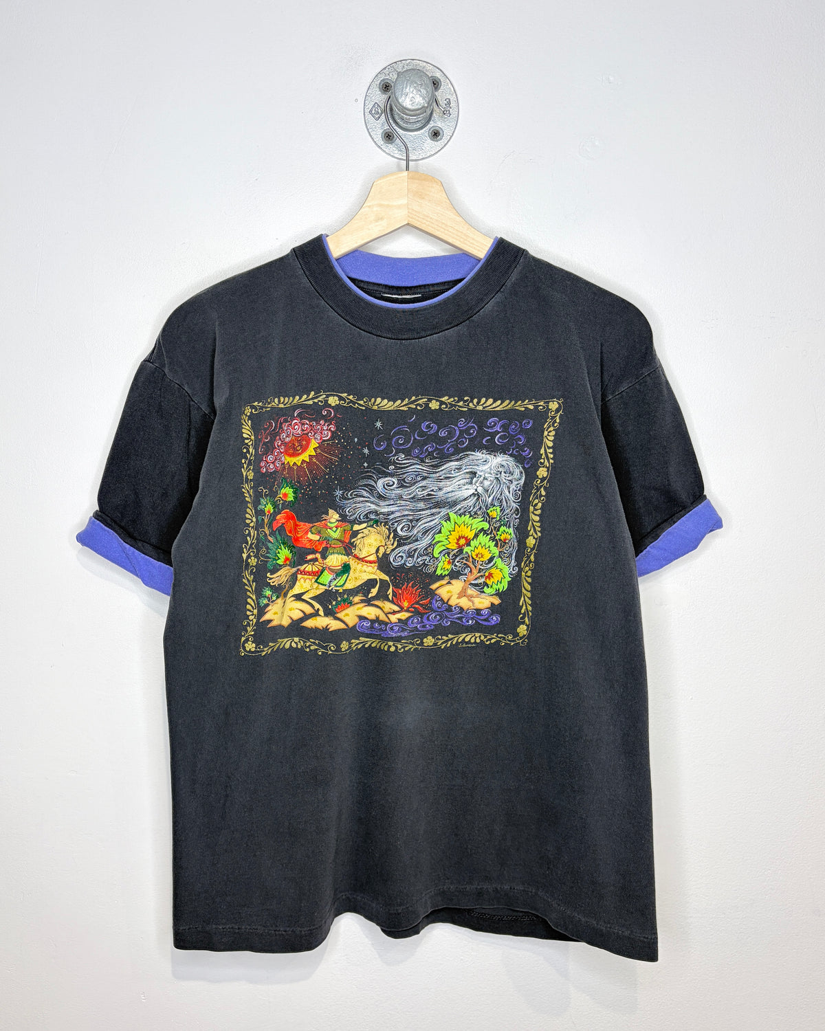 Vintage 1990s Mythology Graphic Print Faded Black And Purple Layered Tee Shirt