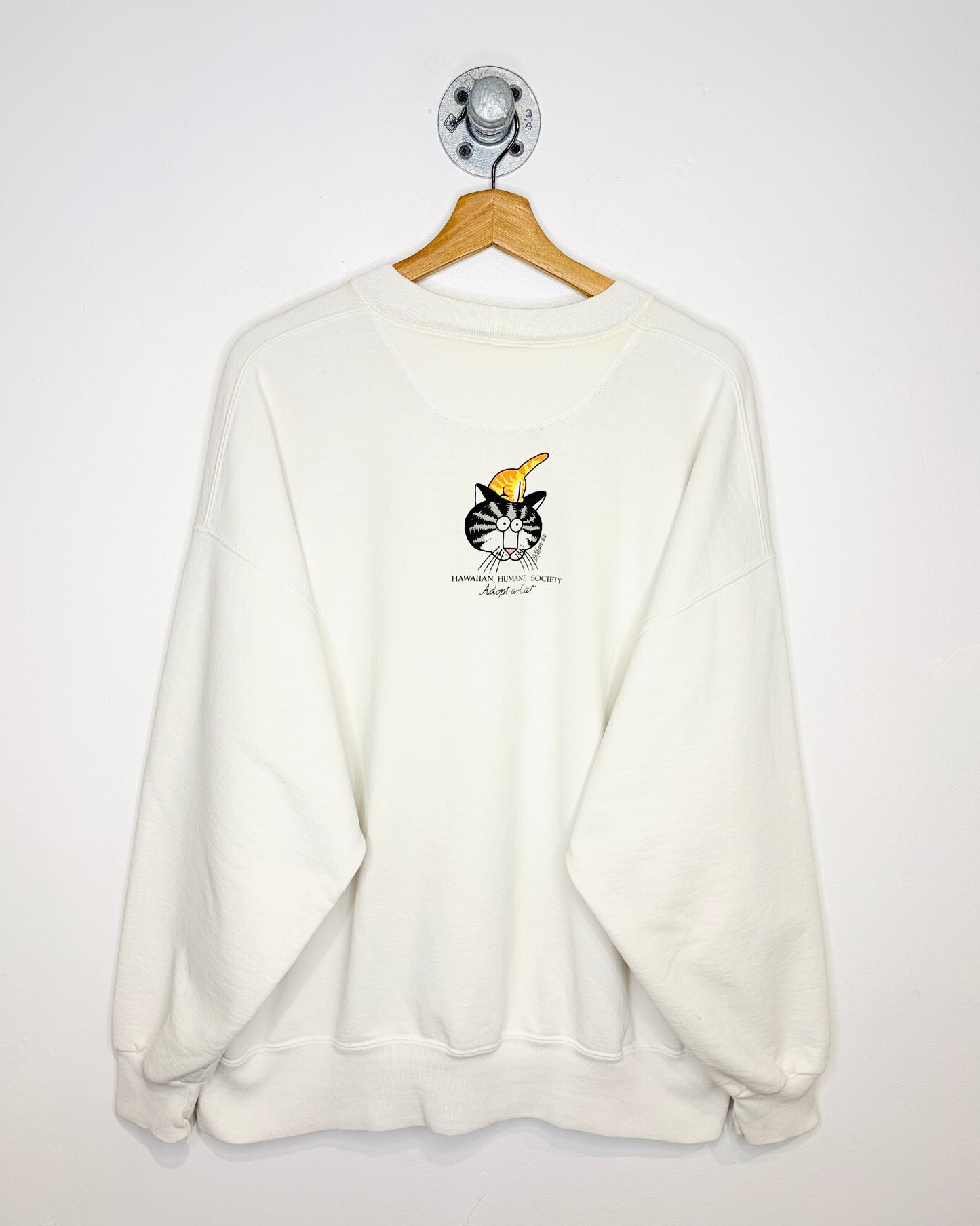Vintage 1980s Adopt-a-Cat Crazy Shirt Graphic Block Print White Crewneck Sweatshirt