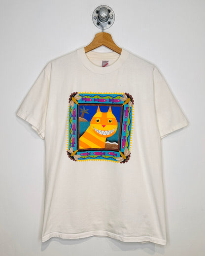 Vintage Smiling Orange Cat White Tee Shirt