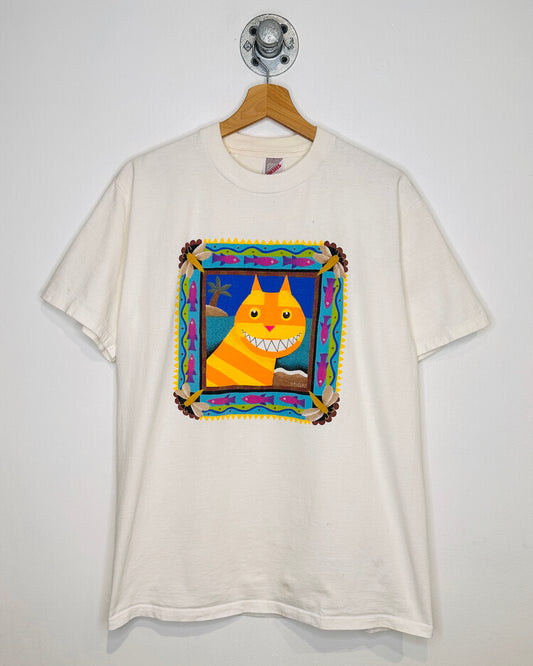 Vintage Smiling Orange Cat White Tee Shirt