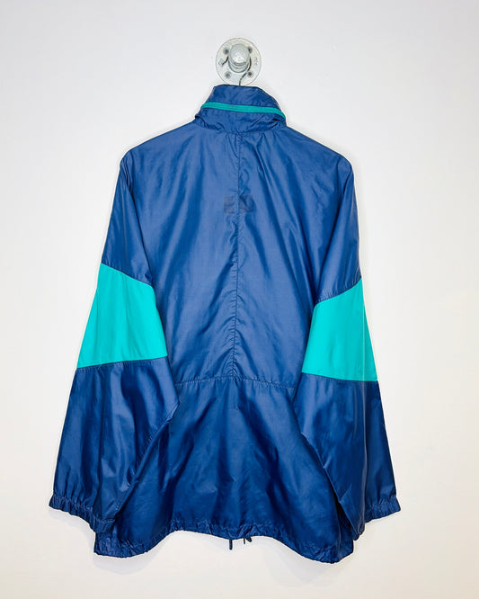 Vintage 90s ASICS TwoTone Navy Blue Half Zip Hooded Winbreaker