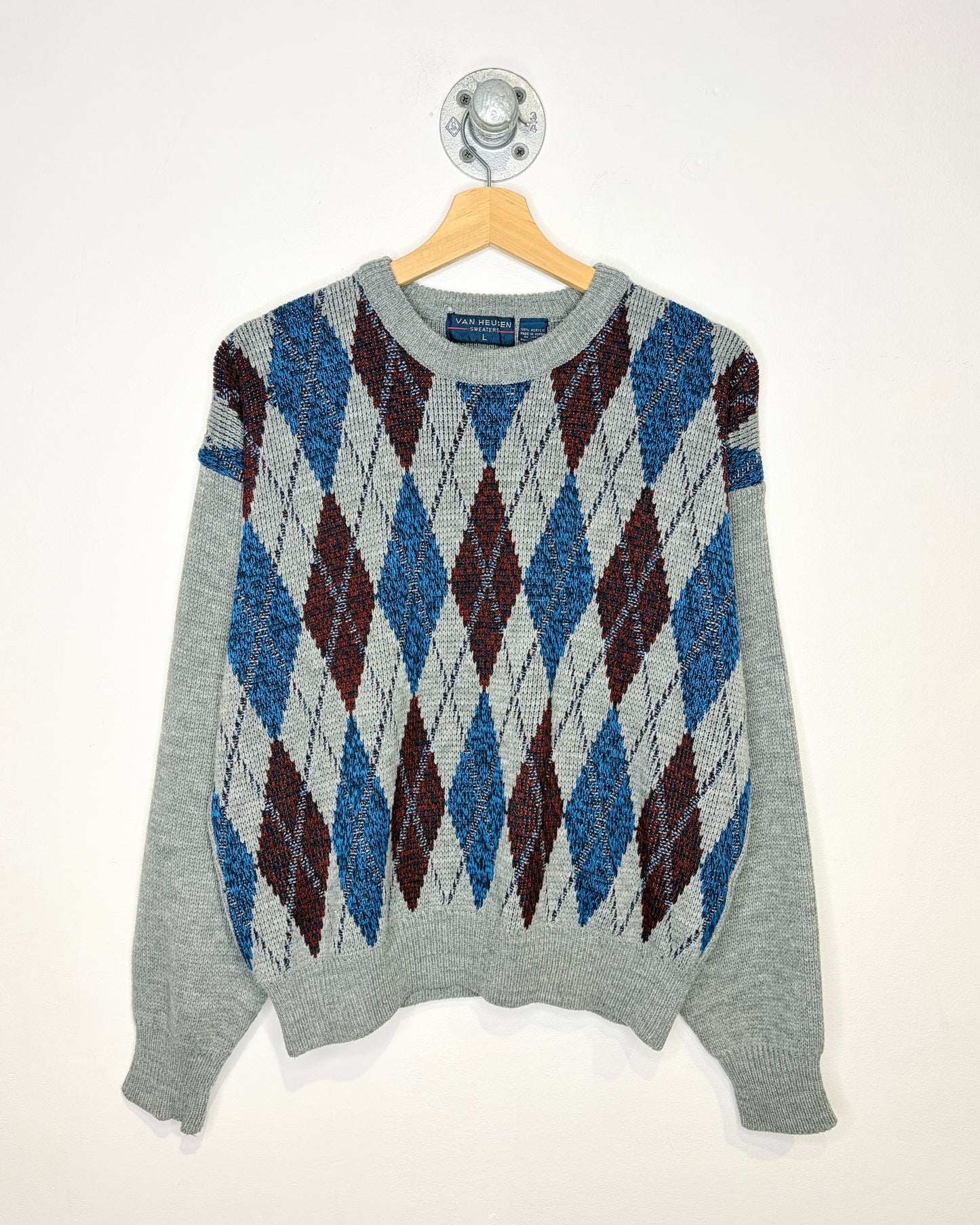 Vintage 90s Van Heusen Grey Argyle Print Sweater