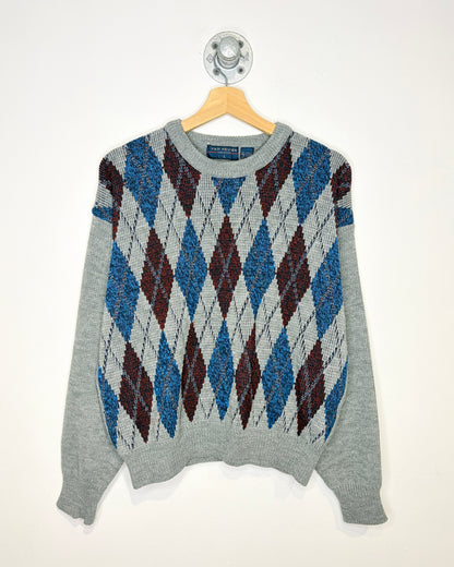 Vintage 90s Van Heusen Grey Argyle Print Sweater