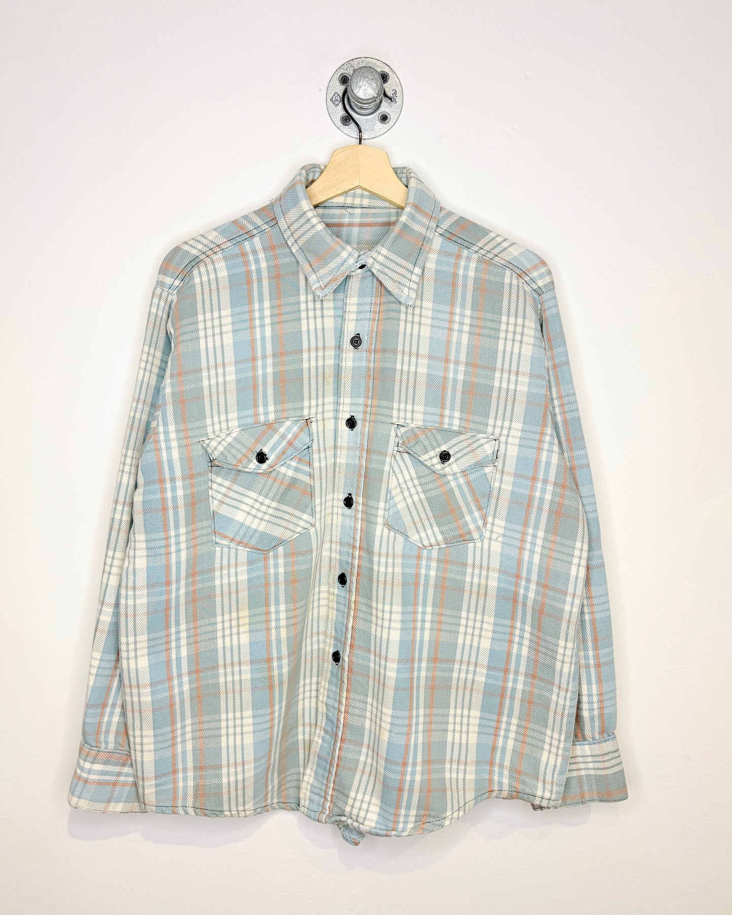 Vintage 90s Light Blue Plaid Button Up Flannel
