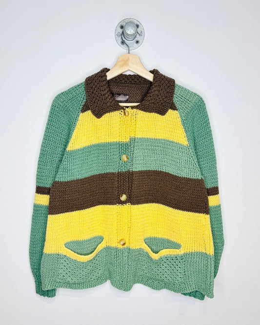 Vintage Earth Tone Striped Collared Button Up Cardigan