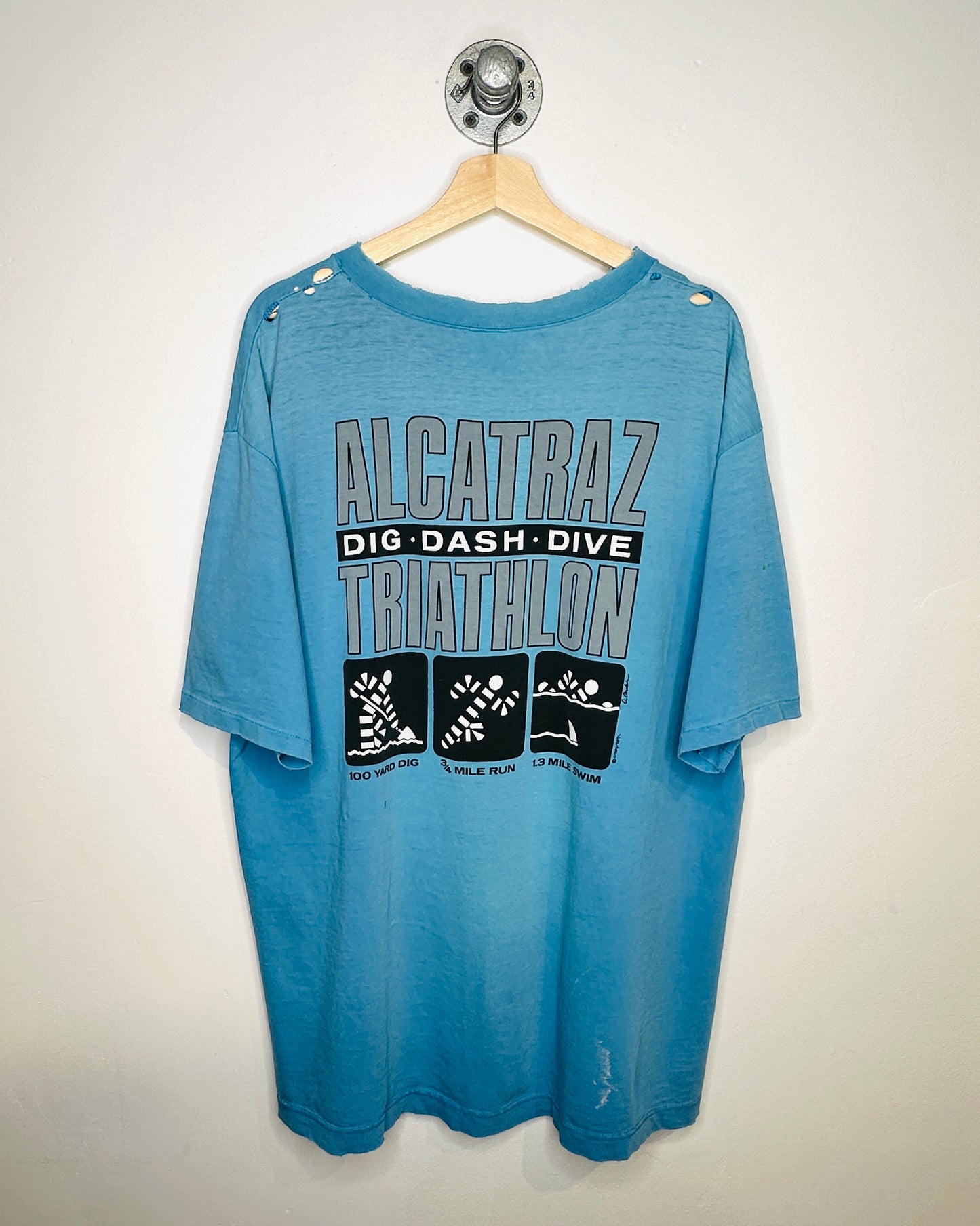Vintage 90s Alcatraz Triathlon Distressed Blue Tee Shirt