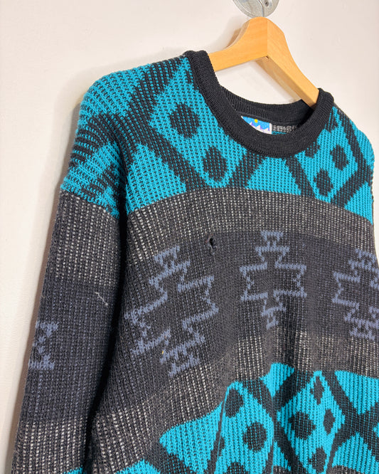 Vintage 90s Ski Marks Two Tone Patterned Knit Sweater
