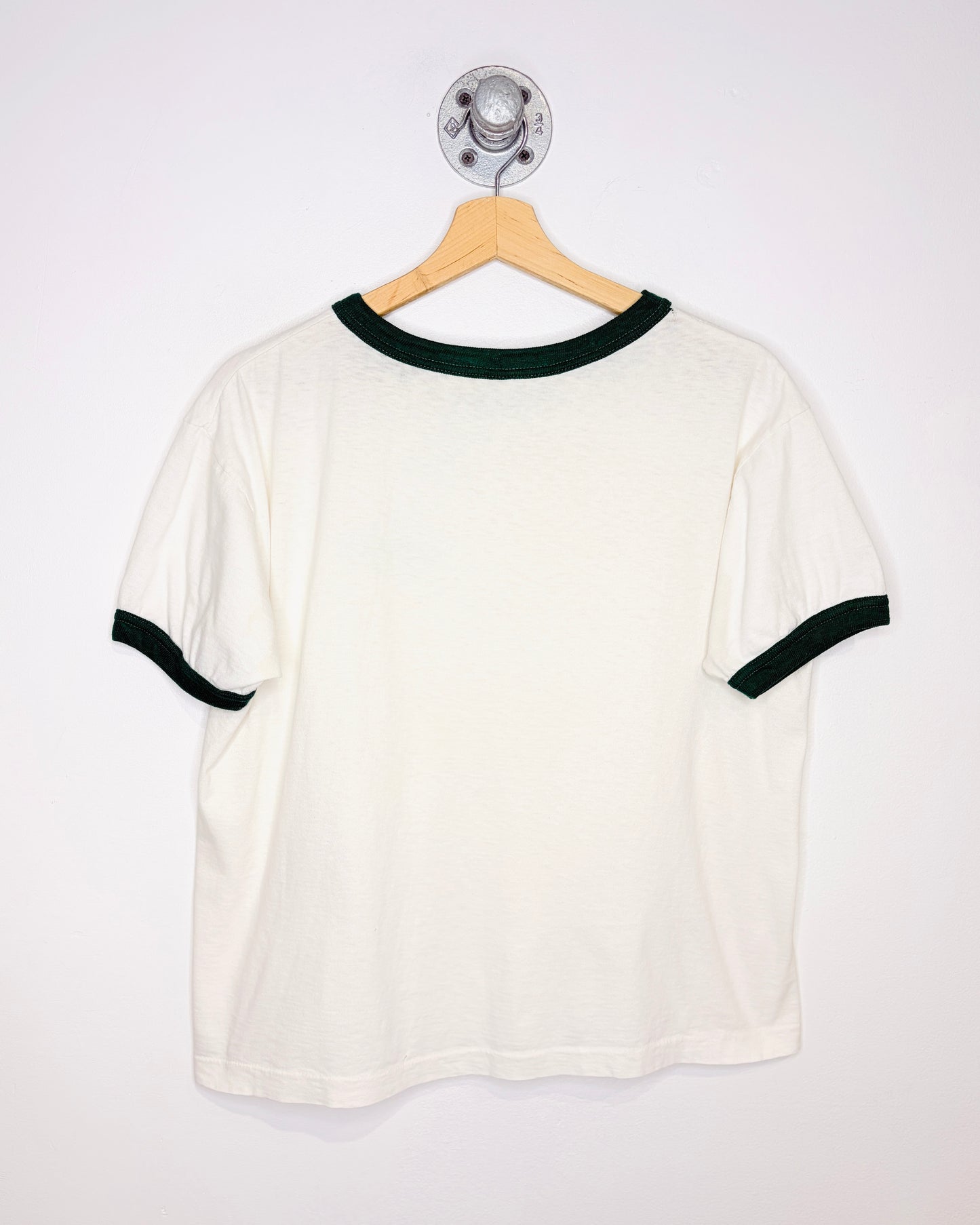 Vintage 1980s Fitness Institute Green Ringer White Tee Shirt