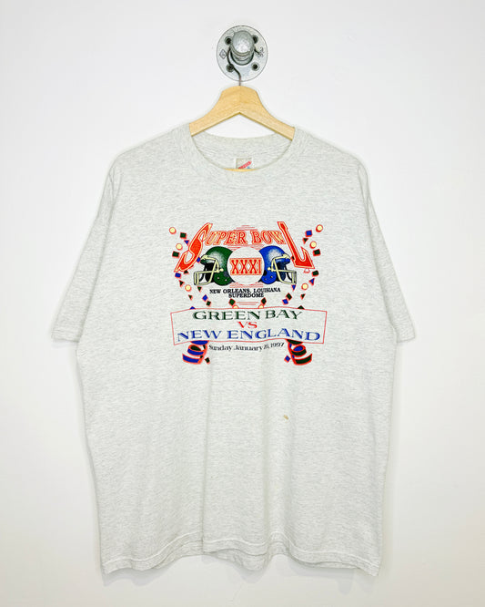 Vintage 1997 Super Bowl Green Bay VS New England Grey Tee Shirt