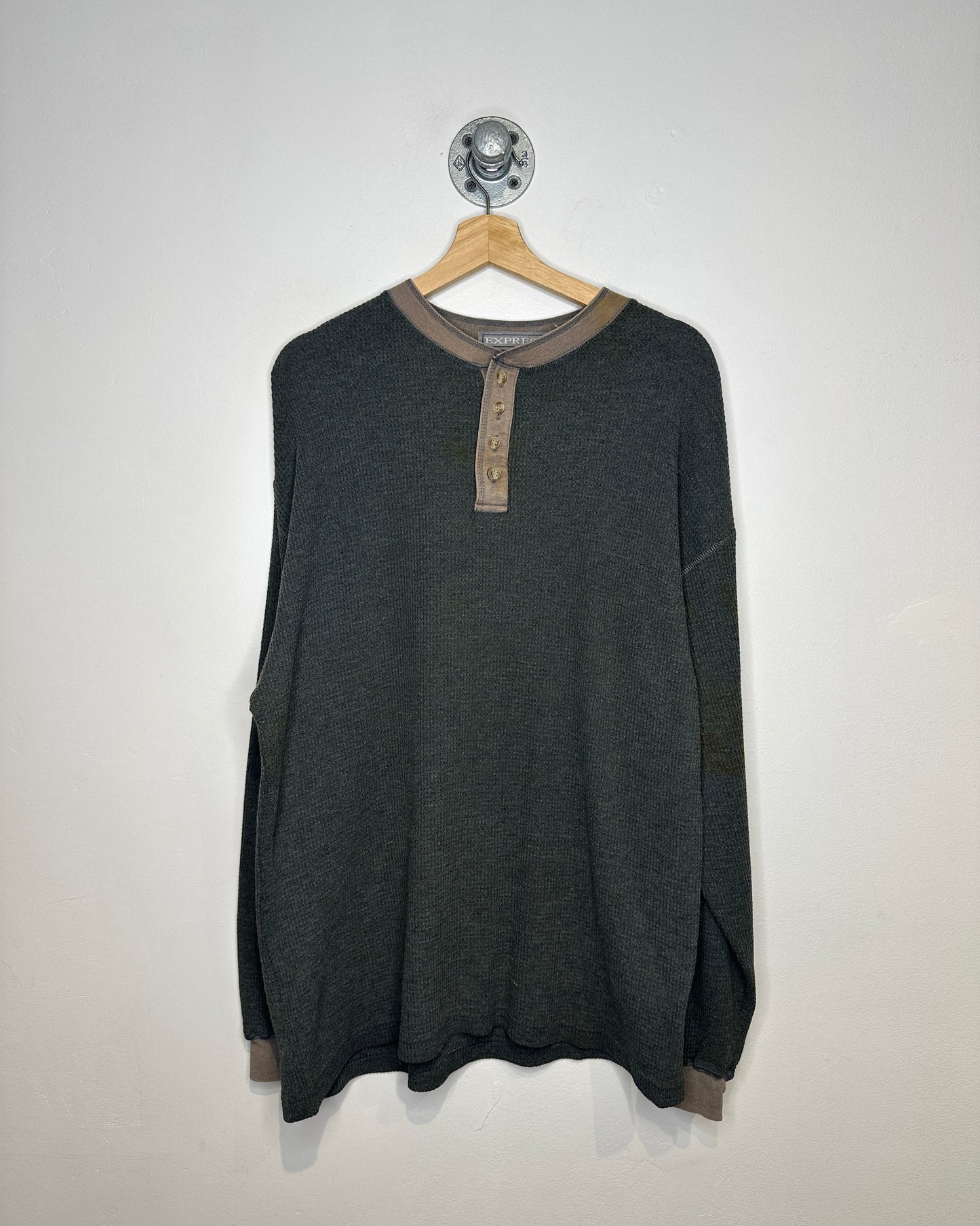 Express Waffle Print Two Tone Grey Henley Long Sleeve Shirt