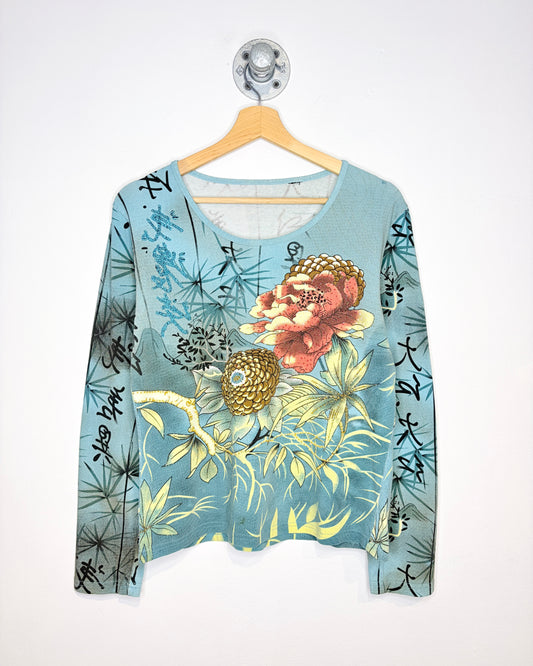 Vintage Y2K Floral AOP Teal Longsleeve Shirt
