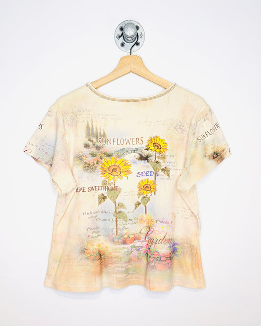 Vintage Y2K Women's Sunflowers All Over Print Pink Tee Shirt