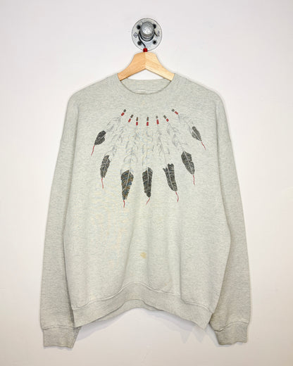 Vintage 1990s Feather Necklace Graphic Print Grey Crewneck Sweatshirt