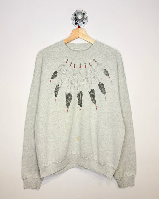 Vintage 1990s Feather Necklace Graphic Print Grey Crewneck Sweatshirt