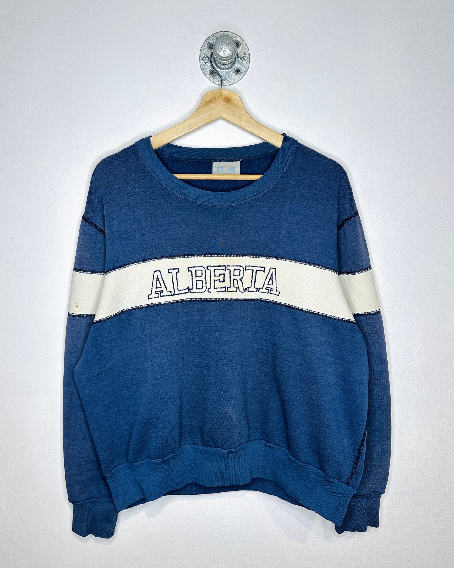 Vintage 80s Alberta Spell Out Striped Blue Crewneck Sweatshirt