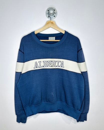 Vintage 80s Alberta Spell Out Striped Blue Crewneck Sweatshirt