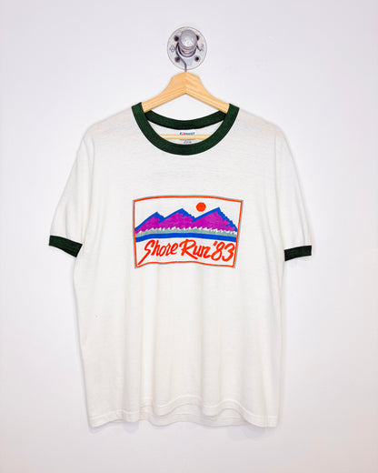 Vintage 1983 Shore Run Paper Thin White & Green Ringer Tee Shirt