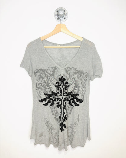 Y2K Women’s Affliction Style Grey V-Neck Shirt