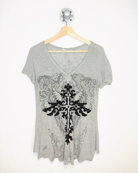Y2K Women’s Affliction Style Grey V-Neck Shirt