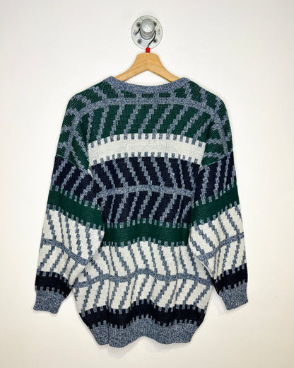 Vintage 1980s 19th Avenue Green And Navy And White Abstract Print Sweater