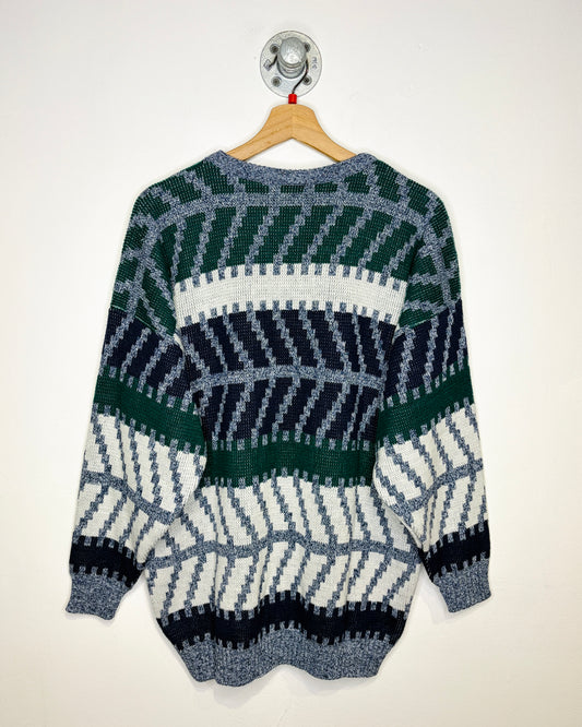 Vintage 1980s 19th Avenue Green And Navy And White Abstract Print Sweater