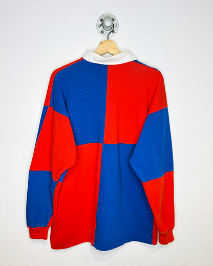 Vintage 1990s University Of Wales Cardiff Red And Blue Colour Blocked Long Sleeve Polo Shirt