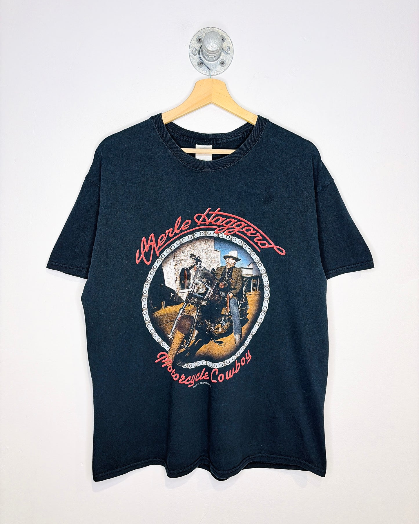 Vintage 2002 Merle Haggard Motorcycle Cowboy Black Tee Shirt
