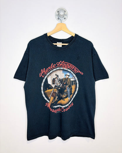 Vintage 2002 Merle Haggard Motorcycle Cowboy Black Tee Shirt